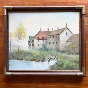 Large Oil Painting Signed Raymond Of A French Country Chateau-Wood Brass Frame